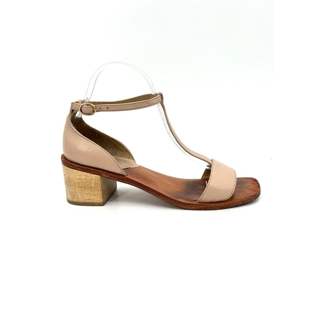 RACHEL COMEY Blush Pebbled Leather T-Strap Wood Block Heel Sandals Size 9.5